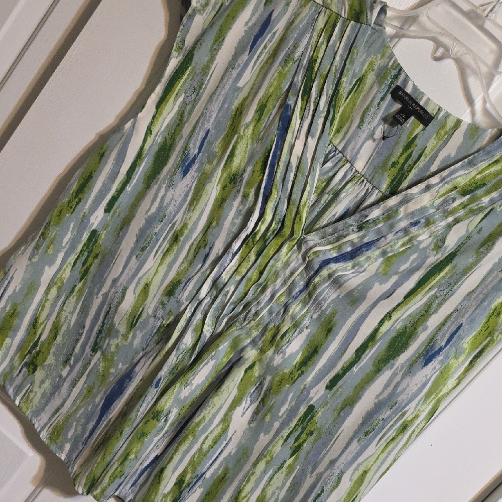 Banana Republic Green, Blue and White Painterly Stripe Sleeveless Blouse